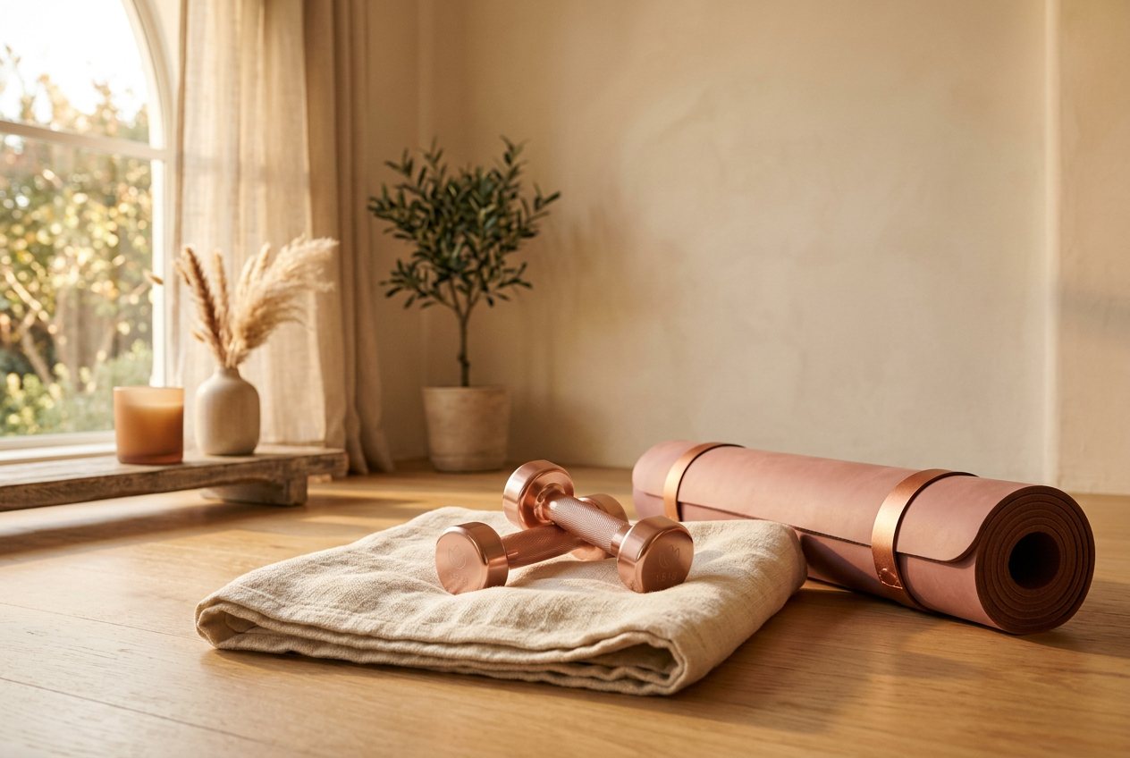Gewichtjes en yogamat in warm ochtendlicht